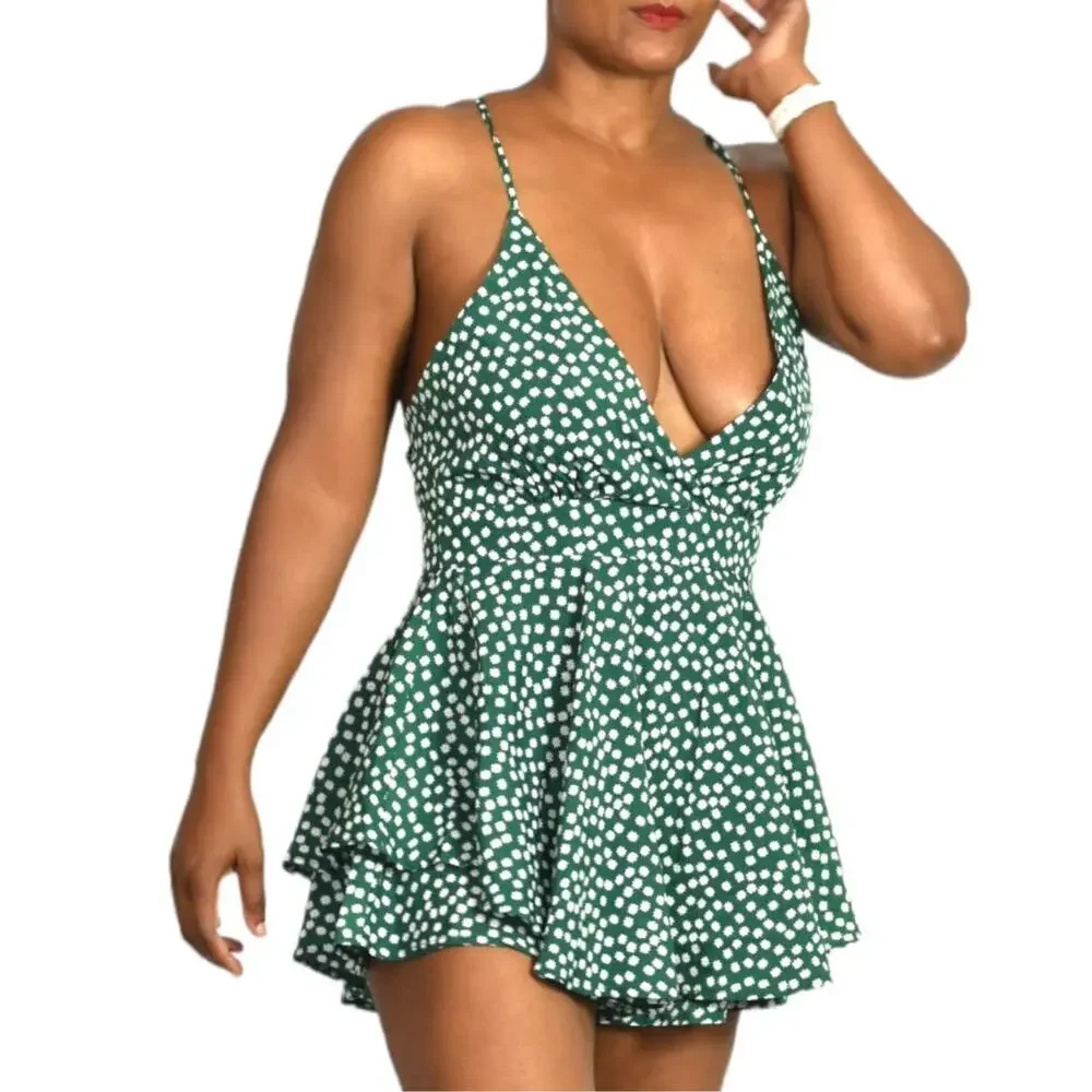 Nasty Gal Be Flower Guest Romper Green Floral Ruffle Daisy Short Playsuit Size 6 - Picture 10 of 14